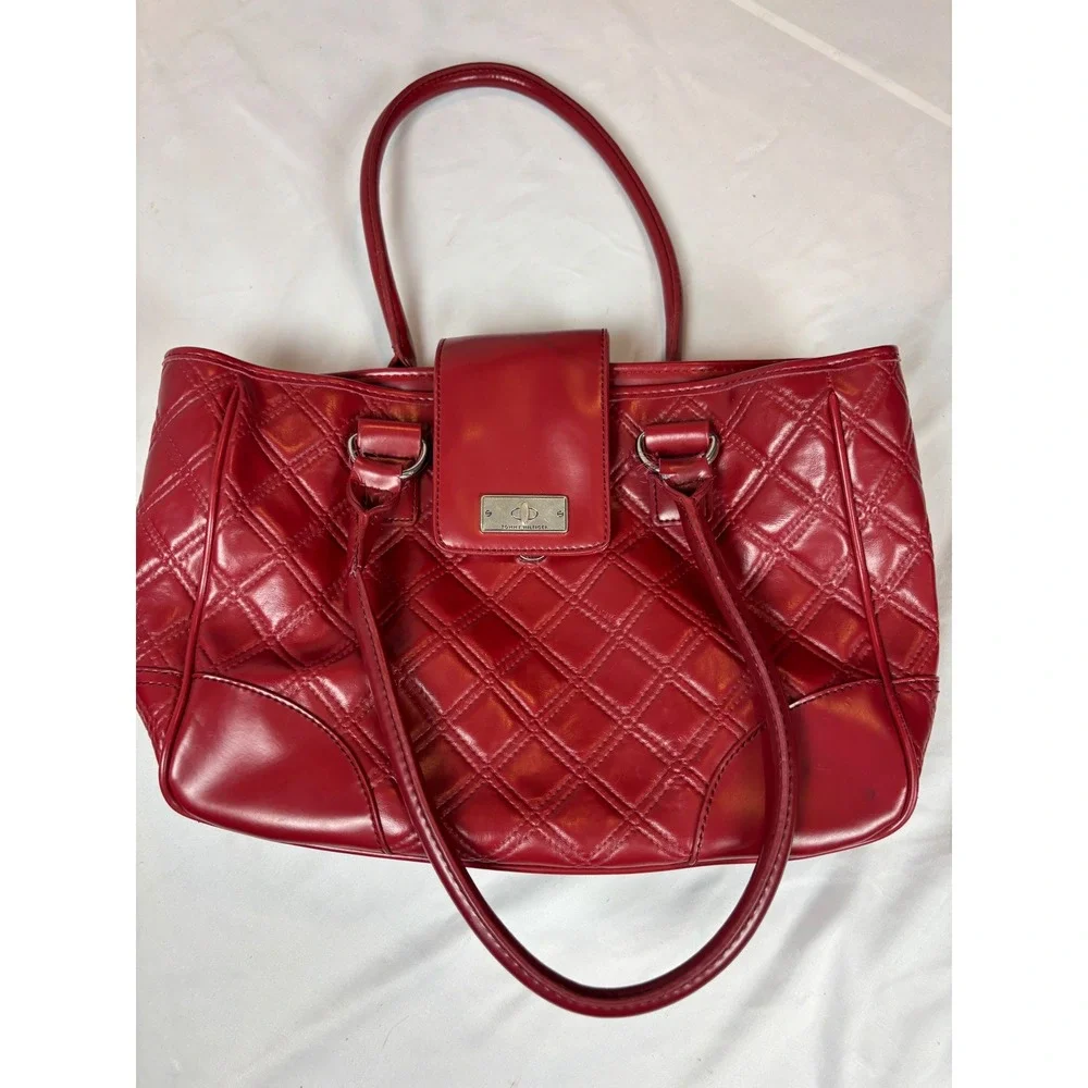 Tommy Hilfiger Red Quilted Faux Leather Shoulder Bag Tote Silver Tone Hardware